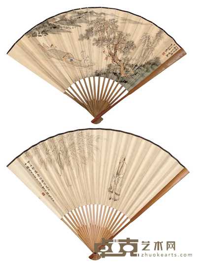 贺天健 1948年作 虹贯月圆 高仕（两把） 成扇 18.5×48.2cm×2